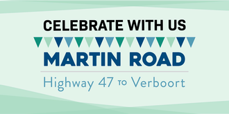 Green banner with blue and green triangles. Text: Celebrate with us Martin Road Highway 47 to Verboort